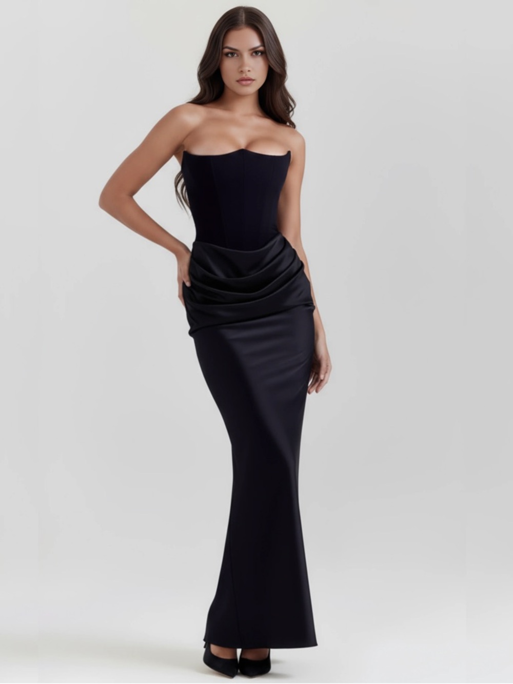Almond Muse Rosalind Black Maxi Dress Sculpted Strapless Corset Gown Large Prom